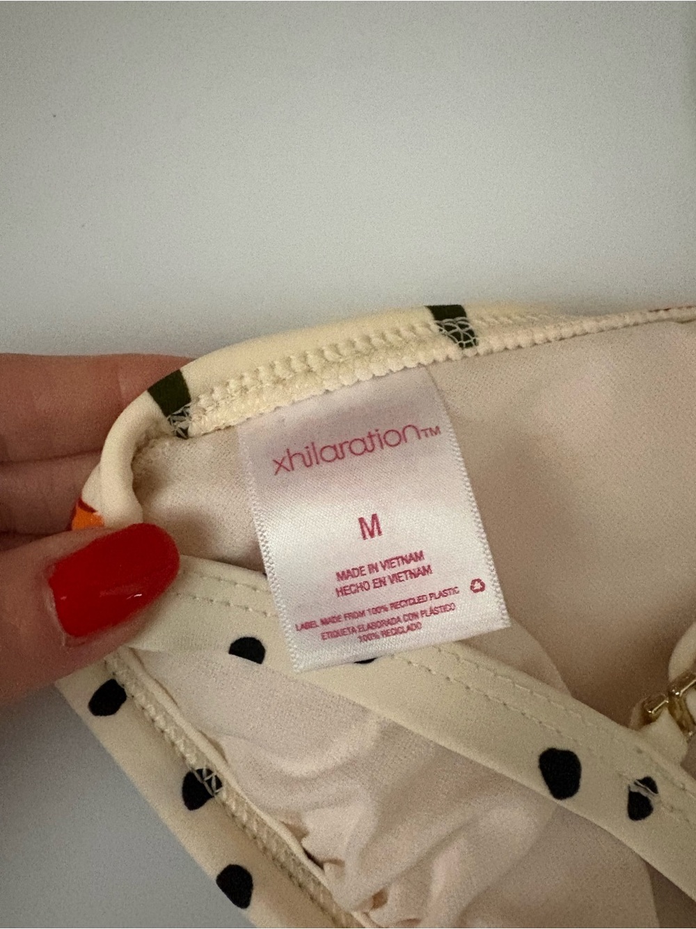 Xhilaration Cream Bikini Top with Black Polka Dots and Orange Floral Accent Sz M - Picture 2 of 3